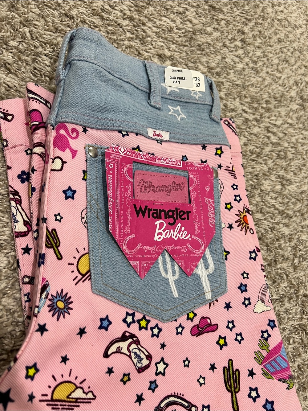 Wrangler Barbie Pink Western Novelty Flared Jeans with Light Blue Waistband - Picture 3 of 6